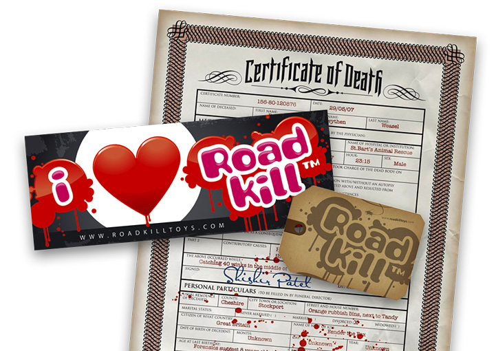 Roadkill Toys sticker, label and flyer design